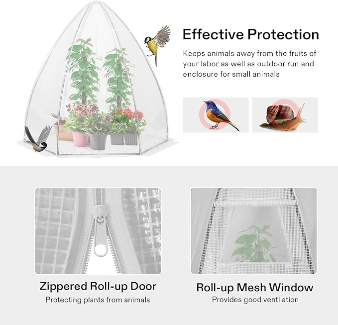 VIVOSUN Portable Mini Greenhouse 72x63x63-Inch Tent-Style Greenhouse, PE Cover with Roll-up Zipper Door and Window, for Indoor Outdoor or Garden Plant Growing, White
