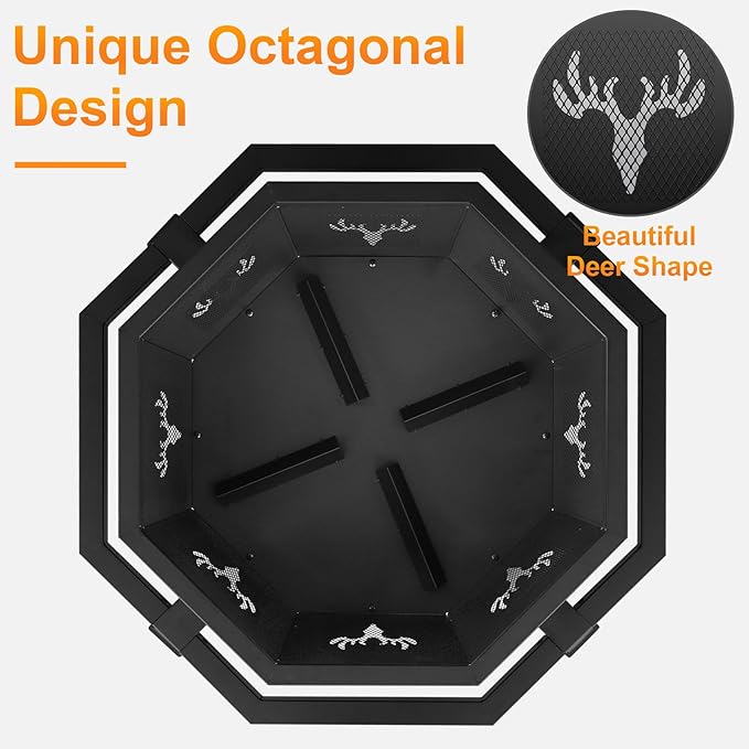 BOINN 35 Inch Octagonal Outdoor Fire Pit,Fire Pits for Outside Wood Burning Fire Pit,Firepit,Firepits for Outside,Camping,Backyard,Patio,Bonfire,Garden,Porch,Black