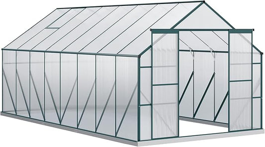 Outsunny 16' x 8' Aluminum Greenhouse Polycarbonate Walk-in Garden Greenhouse Kit with Adjustable Roof Vent, Rain Gutter and Sliding Door for Backyard, Patio, Clear