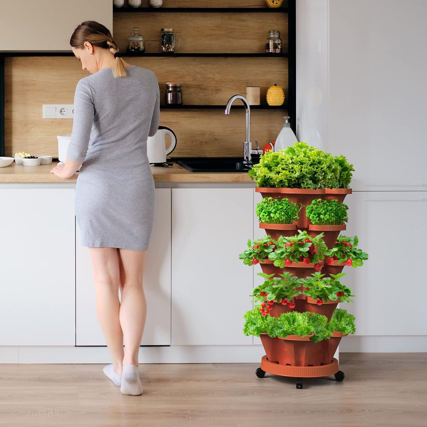 Strawberry Vertical Planter, 5 Tiered Stacking Garden Tower, Stackable Herb Vegetable Planters with Support Pole Indoor and Outdoor - Terra Cotta