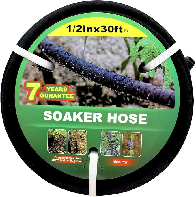 Taisia 1/2’’ Soaker Hose 30 FT Water Drip Garden Hose Drip Irrigation Hose Saves 70％Water Heavy Duty Rubber Round Soaker Hose for Garden, Lawn