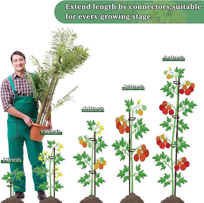 Plant Stakes 17inch &11inch SupKing 16Pcs Adjustable Flower Support Poles Brown Orchid Sticks with Clips for Indoor Outdoor Garden Potted Tomato Rose Amaryllis Vegetables Comes with 20 Ties