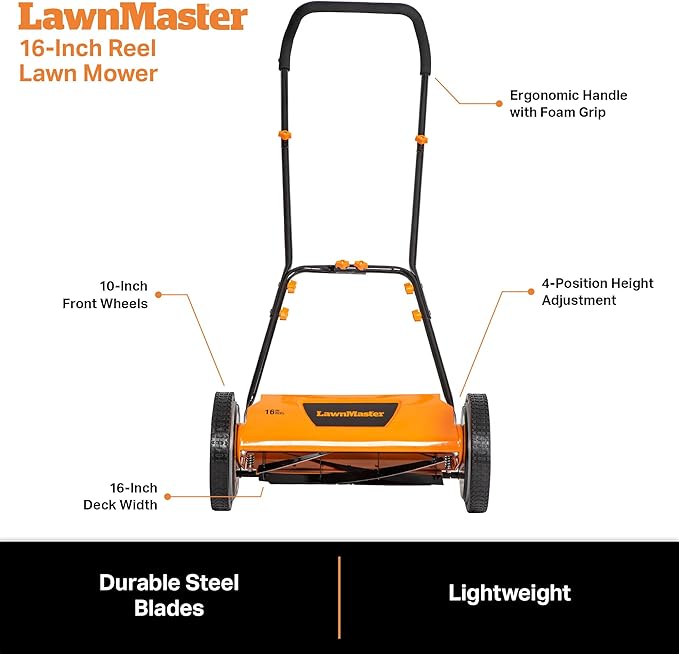 LawnMaster LMRM1602 Push Reel Lawn Mower 16-Inch 5-Blade