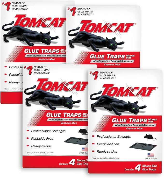 Tomcat Mouse Trap with Immediate Grip Glue for Mice, Cockroaches, and Spiders, Ready-to-Use, 4-Pack (16 Glue Traps)