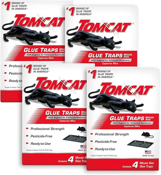 Tomcat Mouse Trap with Immediate Grip Glue for Mice, Cockroaches, and Spiders, Ready-to-Use, 4-Pack (16 Glue Traps)