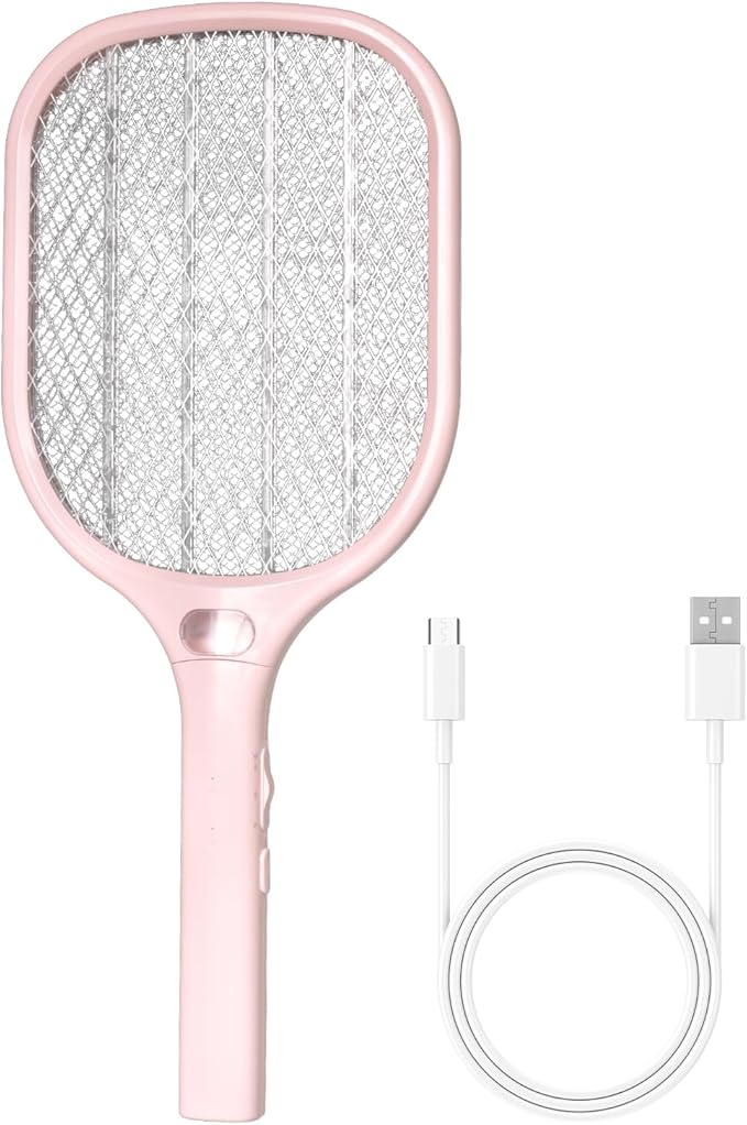 Electric Fly Swatter Racket 3000V Bug Zappers, Mosquito Zappers USB Rechargeable, 1200mAh Mosquitoes Killer Lamp & Fly Zappers with 3 Layer Safety Mesh for Home, Bedroom, Kitchen, Patio (1Pack-Pink)