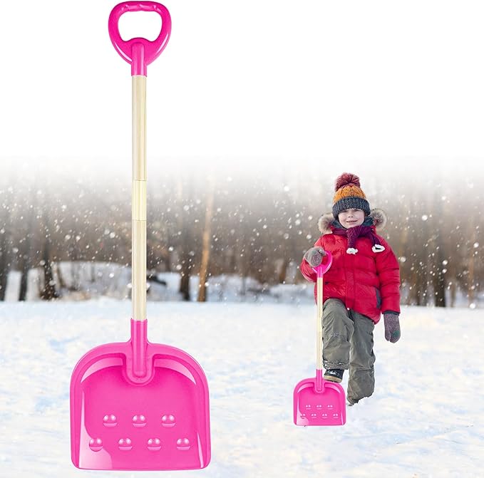 1PCS Kids Snow Shovel, 22"-32" H Detachable Wooden Childs Snow Shovel with Plastic D-Grip Handle and Scoop Winter Children Shovel Pink Toddler Shovels Outdoor Play Snow Gift for Boy Girl Snow Removal