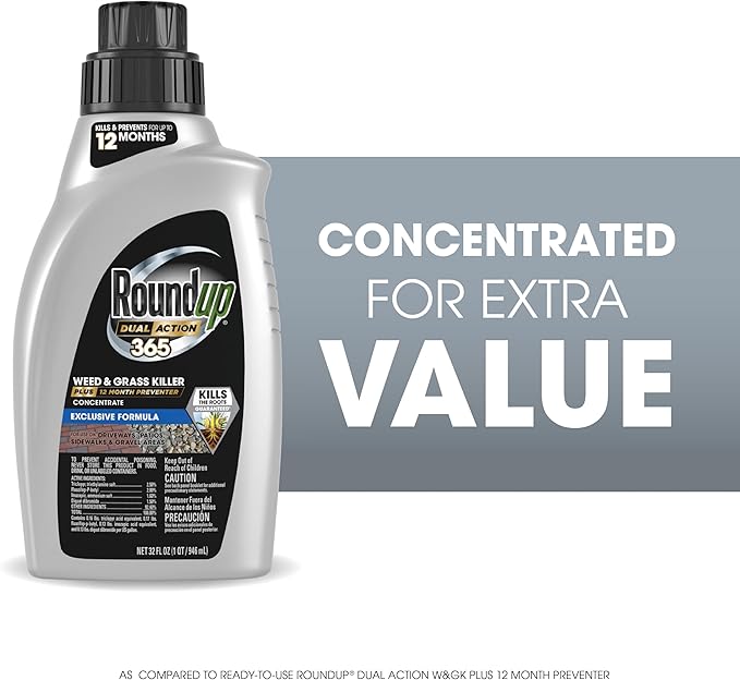 Roundup Dual Action 365 Weed & Grass Killer Plus 12 Month Preventer Concentrate, Kills & Prevents for up to 1 Year, 32 fl.oz.