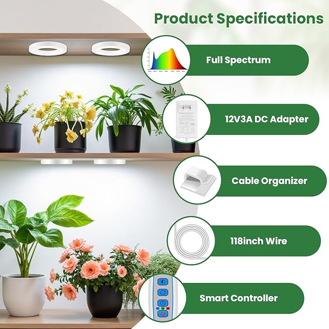 Plant Light, 6 Heads 12V3A Full Spectrum LED Grow Lights for Indoor Plants, 3.5" Under Cabinet Grow Lamp for Small Plants with 6/12/16H Auto Timer, 3 Spectrum Modes, 5 Brightness Levels