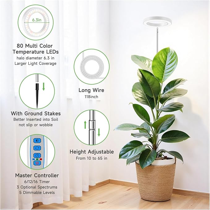 Grow Lights for Indoor Plants, 6000K Full Spectrum Plant Grow Lights, Height Adjustable 10"-65" Growing Lamp, Automatic Timer 6/12/16Hrs, 5-Level Dimmable, Idea for Large Plant, 2 Pack