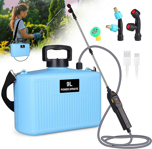 Battery Powered Garden Sprayer 2.4 Gallon Electric Pump Backpack Sprayer with USB Rechargeable Handle, Telescopic Wand, Adjustable Strap and 3 Mist Nozzles for Yard, Lawn, Cleaning 9L