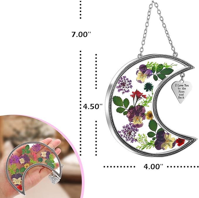 KY&BOSAM Moon Suncatcher I Love You to The Moon and Back Stained Glass for Window Hangings Wind Chime Decor with Pressed Real Flower and Metal Charm Birthday Gift for Women Mom Mother`s Day Christmas