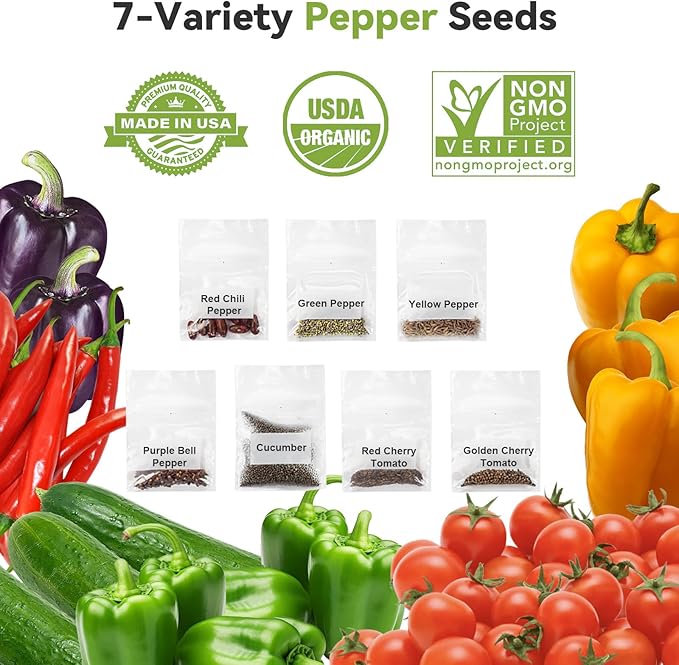 inbloom 12-Pod Pepper Seed Pod Kit for AeroGarden, iDOO, Ahopegarden Hydroponic Growing System, Include Cucumber, Red&Golden Tomato, Red Chili Pepper, Green&Yellow Pepper, Purple Pepper, 400+ Seeds