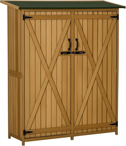 Outsunny Outdoor Storage Cabinet Wooden Garden Shed Utility Tool Organizer with Waterproof Asphalt Rood, Lockable Doors, 3 Tier Shelves for Lawn, Backyard, Natural