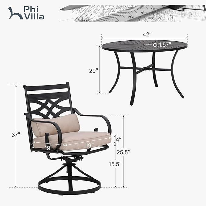 PHI VILLA 5 Pcs Patio Dining Sets,Outdoor Table Chair Set for 4 with Outdoor Swivel Chairs and Metal Frame Steel Round Table,Outdoor Dining Furniture with Cushion and Pillow for Garden Lawn Deck