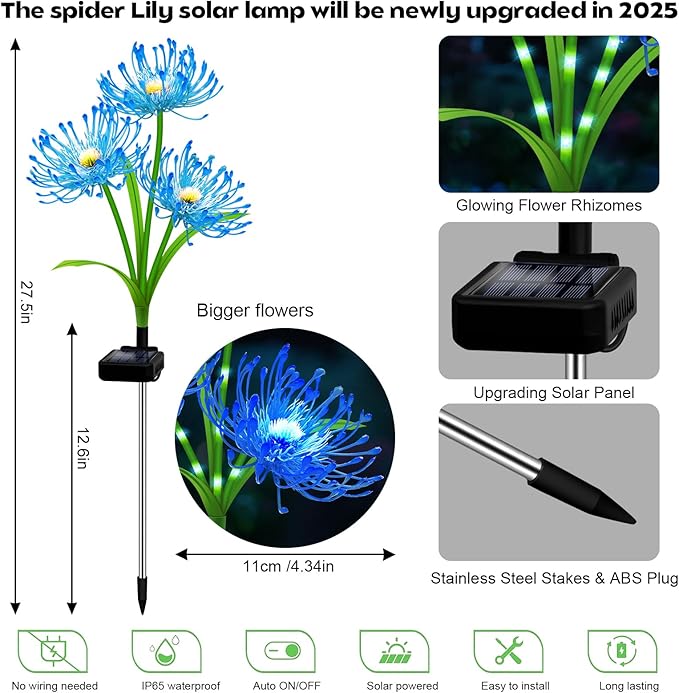 Solar Outdoor Lights Blue Spider Lily – 4 Pack 12-Head Waterproof Garden Flower Lights with Glowing Stems,Decorative Solar Powered Yard,Patio & Lawn Decor,Halloween & Gardening Gifts for Women Grandma