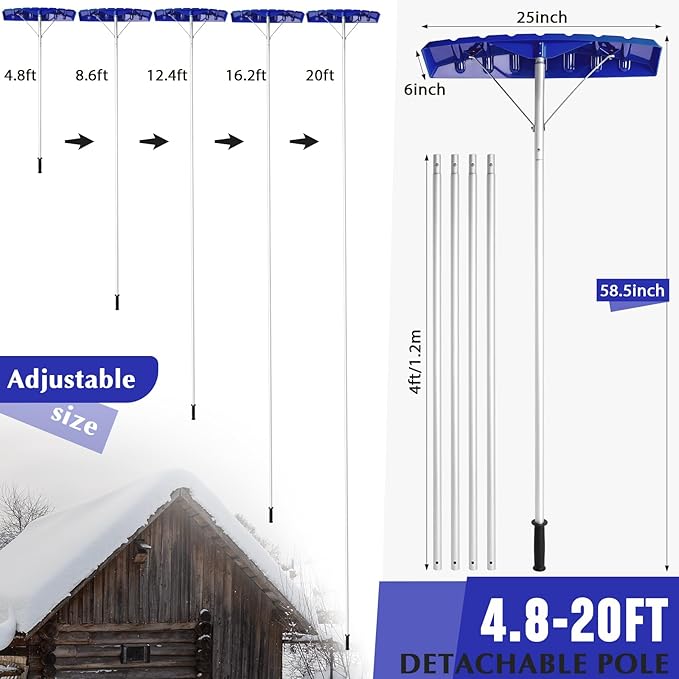 Gisafai Snow Roof Rake Snow Removal Tool with 5 Section Tubes 25 Inch Blade Adjustable 4.8-20 ft Reach Aluminum Shovel Rugged Slide for Single Cabins Car Roof(Dark Blue)