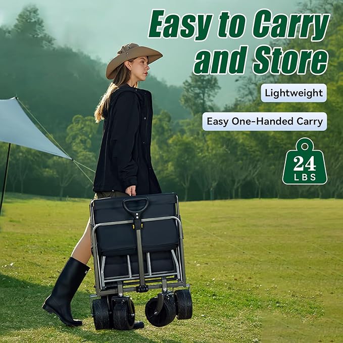 52" L Collapsible Wagon Cart Foldable, 300L 560lbs Weight Capacity, Heavy Duty Beach Wagon with Big Wheels, Shopping Carts for Grocery, Camping, Shopping, Beach, Garden Cart