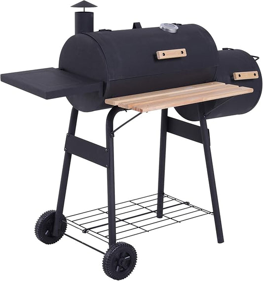 48" Steel Portable Backyard Charcoal BBQ Grill and Offset Smoker Combo with Wheels.