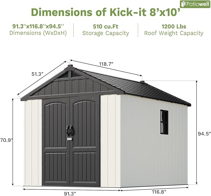 Patiowell 8 x 10 FT Resin Outdoor Storage Shed with Floor and Light, Large Plastic Barn with Lockable Door for Garden Tools, Backyard, Bike Storage, Easy Installation in Beige (Kick-it Shed)