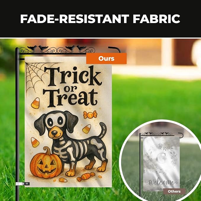Skeleton Dachshund Dog Halloween Garden Flag – Trick or Treat Pumpkin Yard Flag 12x18, Double Sided Burlap Outdoor Decoration