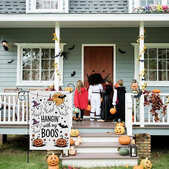 Fokongna Funny Halloween Spooky Pumpkin Garden Flag, Cute Halloween Decor Hangin’ With My Boos, 12x18 Inch Burlap Vertical Double Sided Flags, for Home Yard Outside Decorations