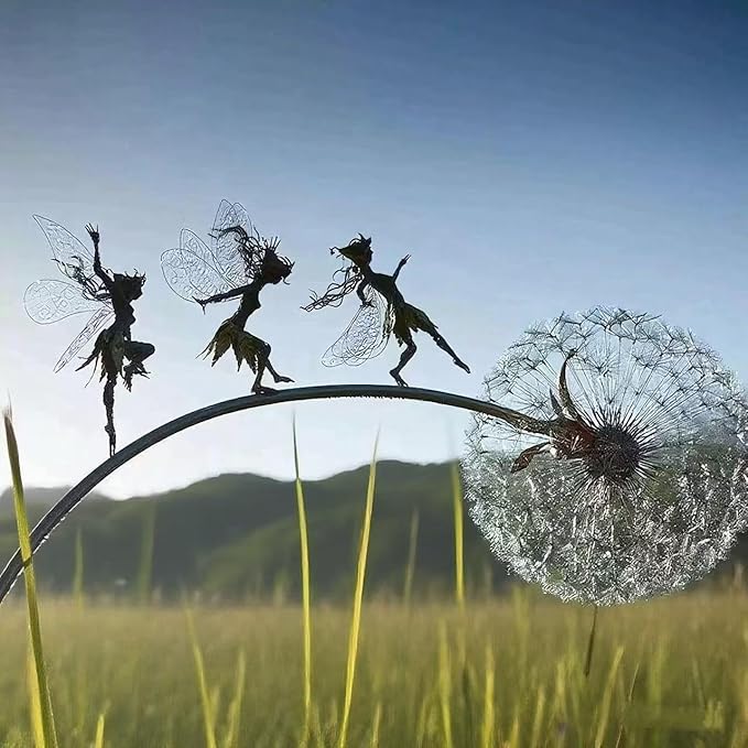 Flower Fairy Dancing with Dandelion, Art Sculpture Fairies for Fairy Garden, Angel Metal Ornaments Gardens Art Sculpture, Outdoor Decorations for The Courtyard, Lawn and Terrace (E)