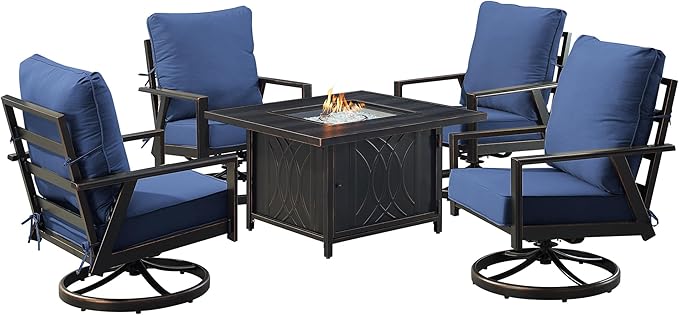 Oakland Living Black Aluminum Patio Fire Table Set with Four Club Chairs with Blue Cushions