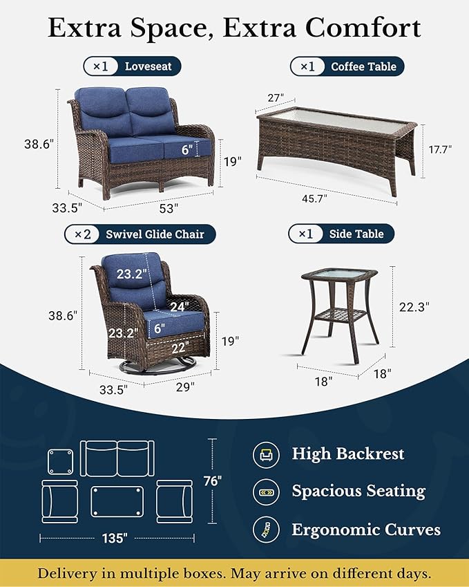 HILLGA Luxury Patio Furniture Set with 6-Inch Thick Cushions, High Back Outdoor Swivel Rocker Chairs and Patio Loveseat, 5-Piece All Weather Conversation Set for Porch Deck Pool Yard, Blue (V3)