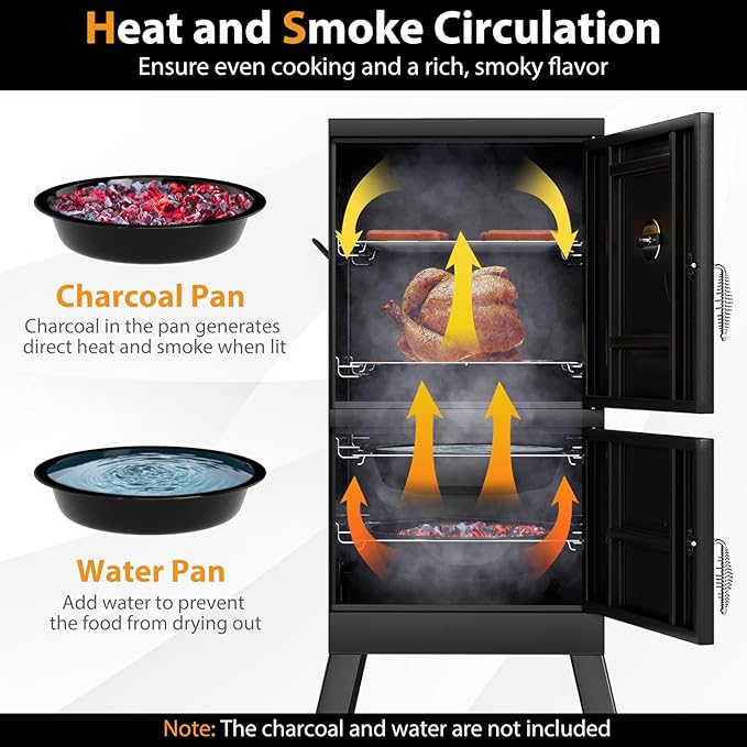 Charcoal Smoker Outdoor, Vertical BBQ Smoker with Thermostat, 2 Access Doors, 2 Cooking Grates, 2 Removable Pans & 4 Air Vents, Meat Smokers Grill for Parties, Barbecues and Backyard