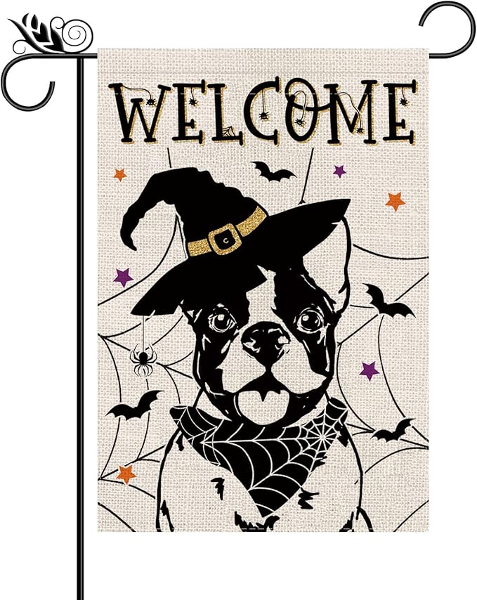 Halloween Garden Flag Boston Terrier Cobweb Bats Double Sided Vertical Welcome Flag Holiday Outdoor Yard Lawn Decorations 12.5 x 18 Inch
