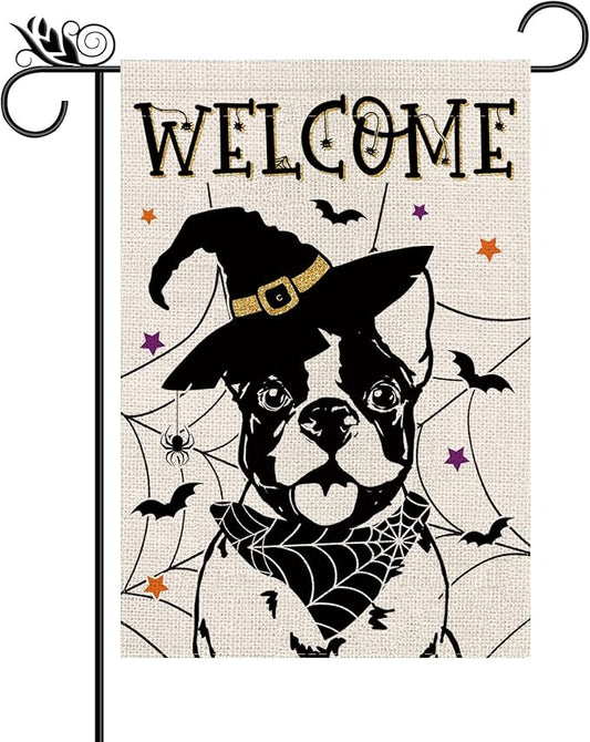 Halloween Garden Flag Boston Terrier Cobweb Bats Double Sided Vertical Welcome Flag Holiday Outdoor Yard Lawn Decorations 12.5 x 18 Inch