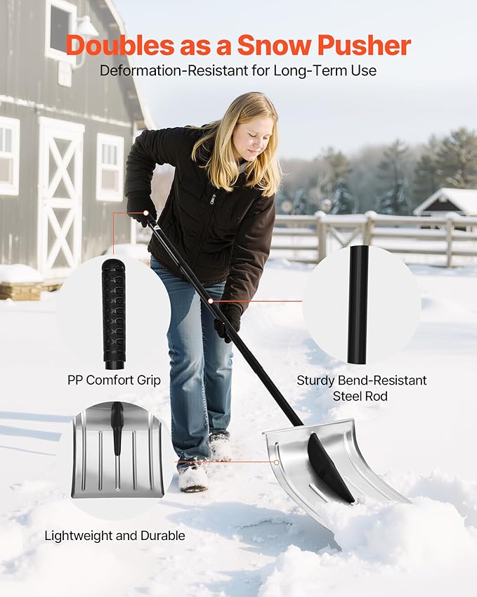 VEVOR Snow Shovel for Driveway, 16 in Wide Aluminum Alloy Snow Shovel, Non Slip Grip, Large Capacity Snowplow Shovels, Detachable & Lightweight Snows Removal Tool for Garden Car Camping Outdoors