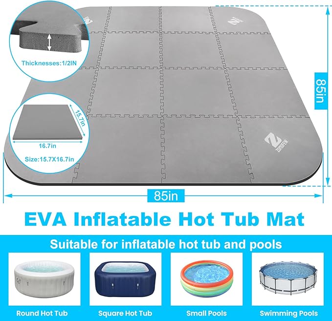 1/2" Thickness 85IN Hot Tub Mat for Inflatable Tub,Hot Tub Pad Foundation, Upgraded Thickened Eva Foam Padding for Outdoor Hot Tubs (Square-Shaped)