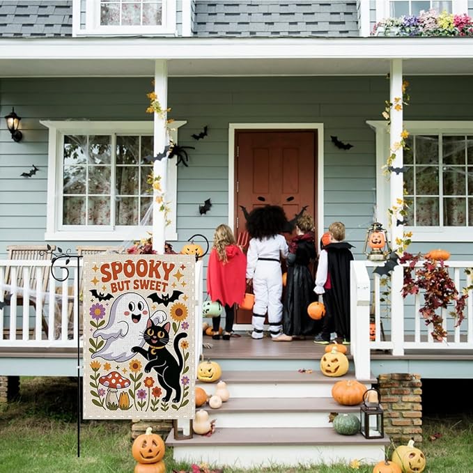 Fokongna Spooky But Sweet Halloween Garden Flags, Cute Ghost Black Cat Halloween Decor Flag, 12x18 Inch Burlap Vertical Double Sided Flags, for Home Yard Outside Decorations