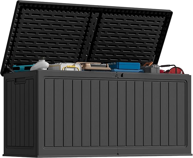 Greesum 260 Gallon HDPE Outdoor Storage Box - Waterproof, Large Capacity Deck Box with Removable Dividers for Patio, Yard, Garden Tools, Black