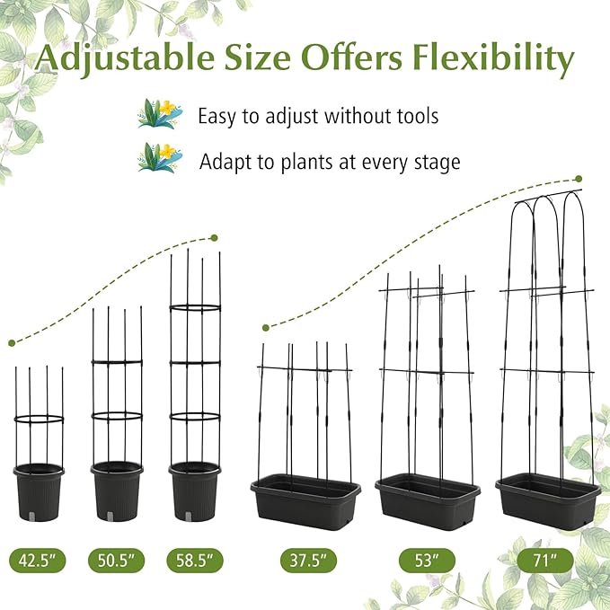 Happygrill 2 Pack Tomato Cage, Metal Garden Trellis w/Adjustable Height & Self-Watering System for Vines Potted Plants Vegetables, Tall Plant Support Tomato Trellis w/Planter Box
