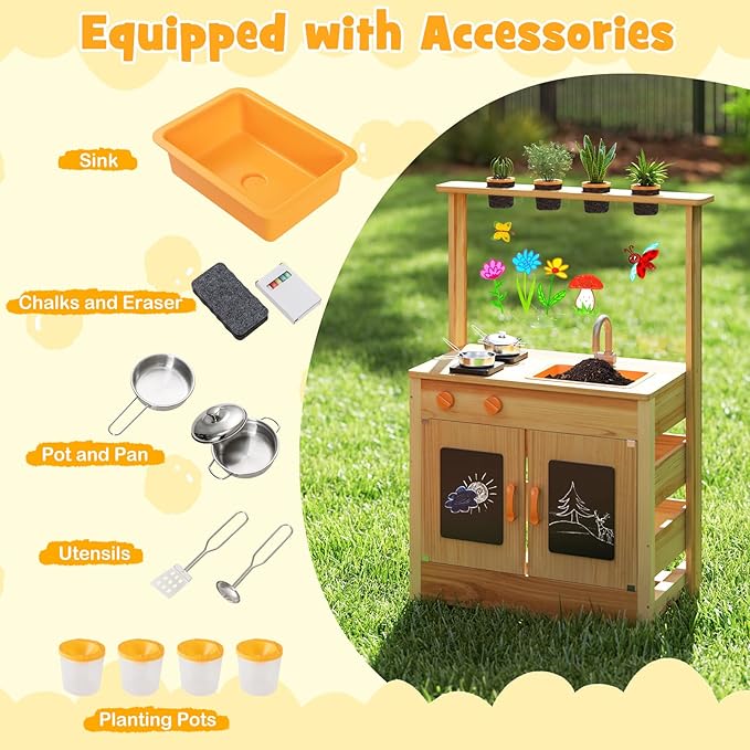 HONEY JOY Mud Kitchen, Fir Wood Outdoor Play Kitchen for Toddlers, 4 Planting Cups, Cookware, Faucet & Sink, DIY Acrylic Board & Blackboard, Storage, Mud Table, Mud Kitchen for Kids Outdoors, Natural