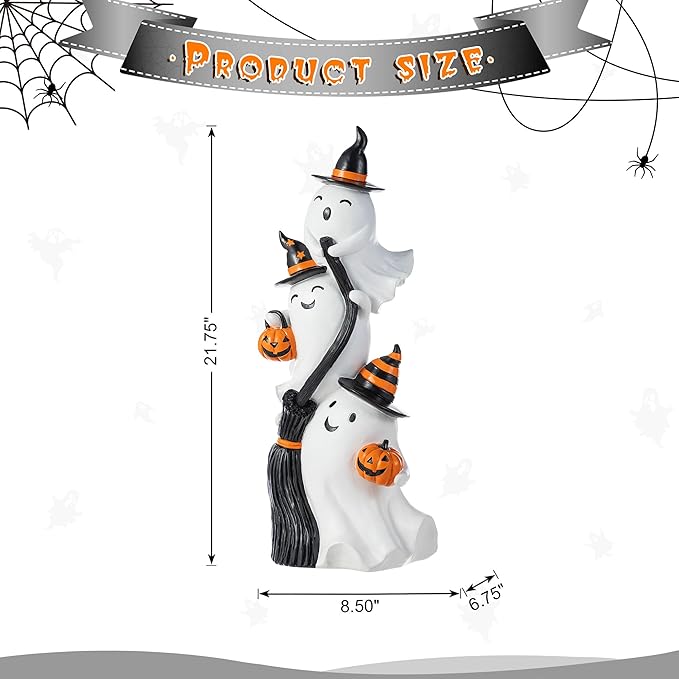 Glitzhome Halloween Front Porch Decor, 21.75" H Resin Stacked Ghost Standing Sign for Indoor Patio Party Decorations