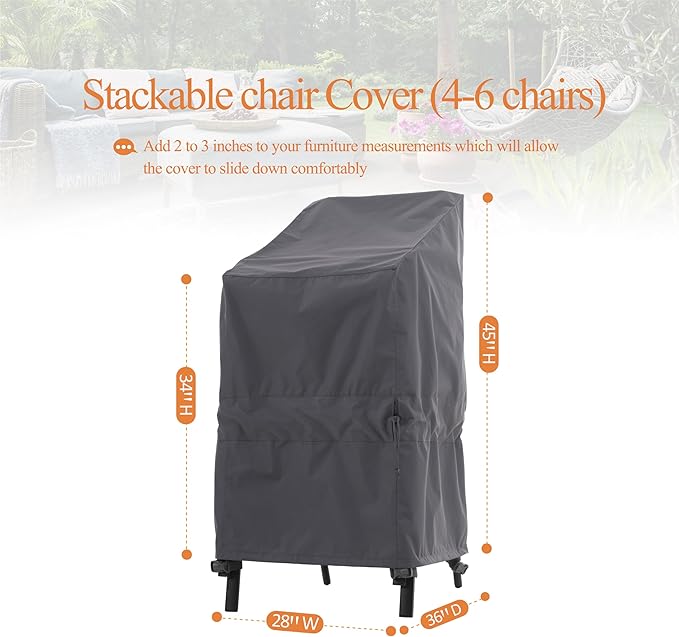 Stackable Patio Chair Cover, Heavy Duty, Wind Resistant and Waterproof Outdoor Lawn Chair Covers, 28W x 36D x 45H, (4-6 Stacked Chairs), Grey,1-Pack