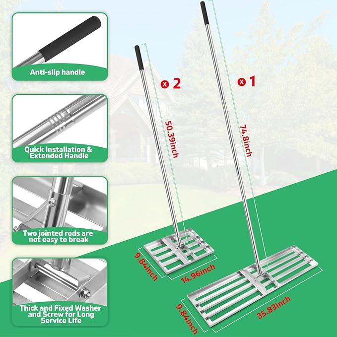 Lawn Leveling Rake(3 Packs) Yard Leveling Rake Suit,Heavy Duty Effort Saving Lawn Level Tool,36"x10"x75" Heavy-Duty All Stainless Steel Lawn Leveler（1 Pack,15"x10"x 50"Lawn Leveler Tool（2Packs）