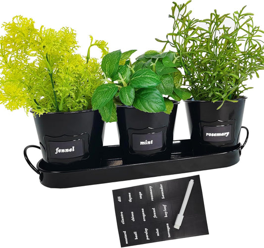 4" Herb Garden Planter Kit, Indoor Herb Planters with Tray, Set of 3 Metal Windowsill Pots for Flower Plants with Drainage Hole, Customizable Labels & Marker Pen, Black