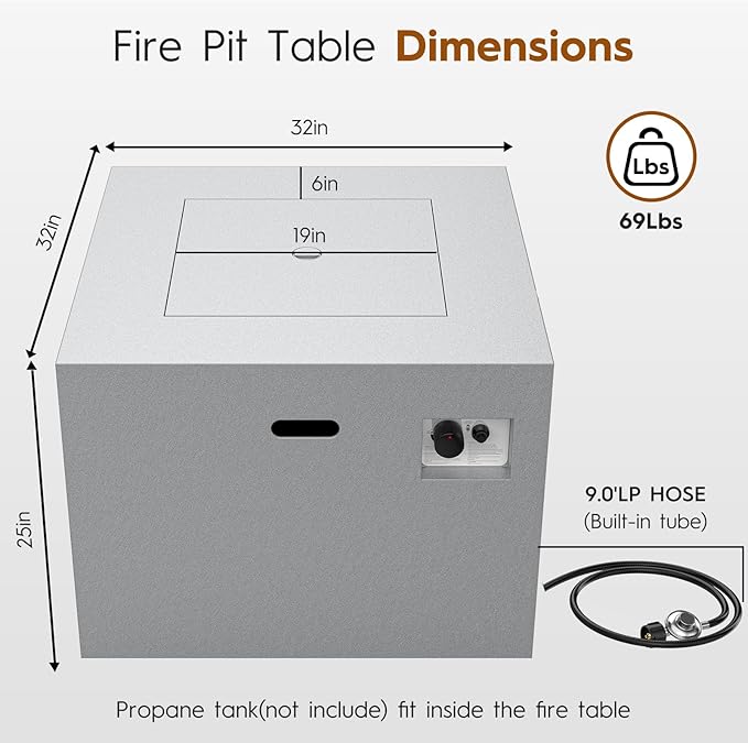 32 Inch Outdoor Fire Pit Table, 50,000 BTU Square Propane Fire Pit with Lid, Lava Rocks, Weatherproof Cover, Alloy Steel Gas Firepit Table for Outside Patio, CSA Certified, Gray