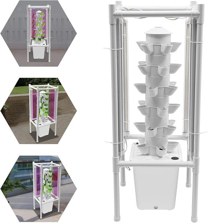 Hydroponics Growing System Kit, 6 Layers 30 Holes Indoor Gardening System Vertical Planter Germination Kit w/Water Pump, Hydroponic Natural Balanced Tower System for Chilies, Mint (White)