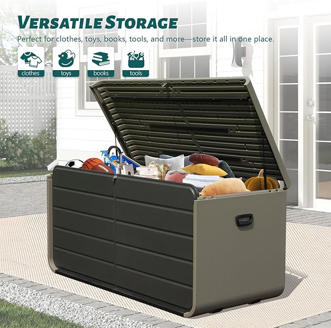 Domi 200 Gallon Outdoor Storage Box – Waterproof, UV-Resistant Deck Box with Lockable Lid for Patio Furniture, Garden Tools, Delivery Packages (Large Resin Storage Bin）