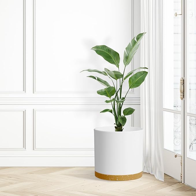 12 Inch Large Deep Plant Pots for Outdoor Indoor Plants, Tall Cylinder Flower Pots with Drainage Holes and Saucer, Big Decorative Plastic Planter Pots for Garden House Plants, White with Brown