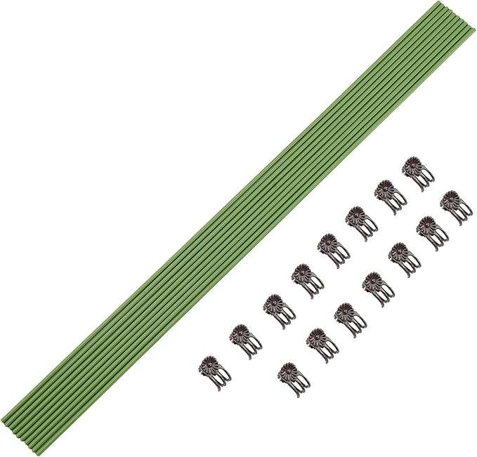 10PCS Garden Metal Plant Stakes with 15PCS Vine Fixing Clip Set, 15.75inch Tall Single Stem Flower Stakes, Bendable Plastic Coated Garden Plant Stakes Holder for Amaryllis Orchid Lily Rose(Green 40cm)