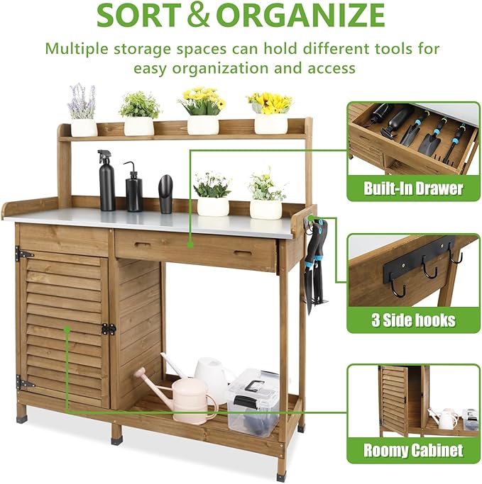 Garden Potting Benche Table Outdoor Wooden Work Station W/Metal Table top,Cabinet,Drawer,Large Bottom Shelf,Open Shelf Natural Wood-Brown-Brown