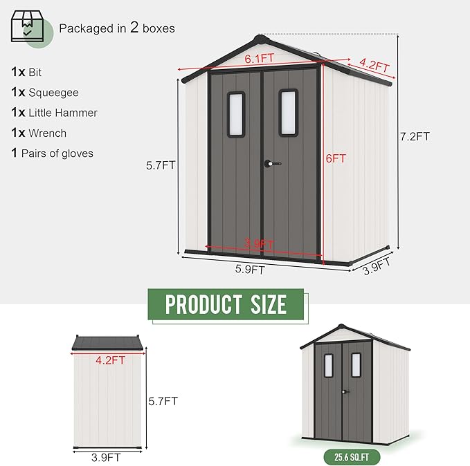 6' x 4' Outdoor Resin Storage Shed with Floor,Galvanized Metal Waterproof Garden Shed with Lockable Door, Windows, Vents, Plastic Tool, Bike Storage for Patio Furniture, Lawn Mower