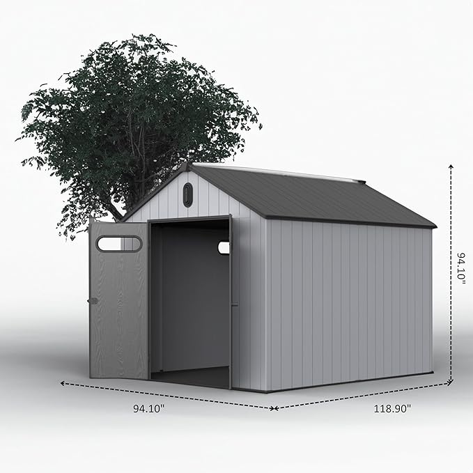 8x10 FT Outdoor Storage Shed with Hinge Door,Window & Air Vent,Outdoor Plastic Tool House W/Waterproof Tilted Roof,Heavy Duty Stroage Unit for Backyard,Patio,Lawn,Garden,Grey+Black
